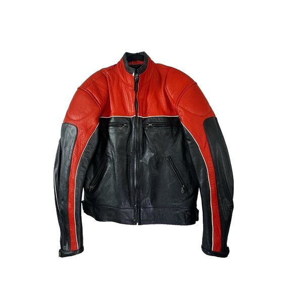 Xelement Retro Red Black Leather Motorcycle Jacket Racer Moto